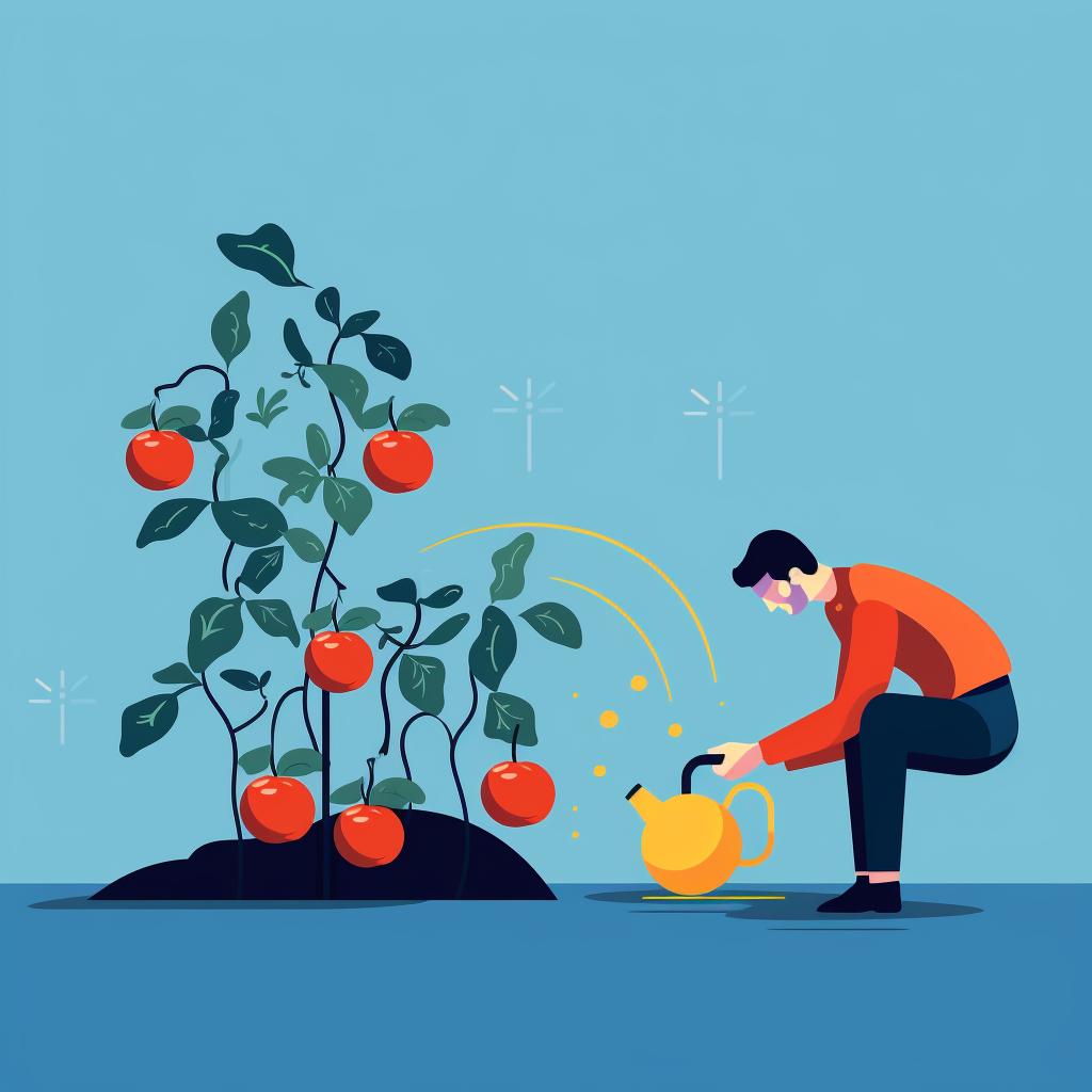 A person watering a tomato plant.