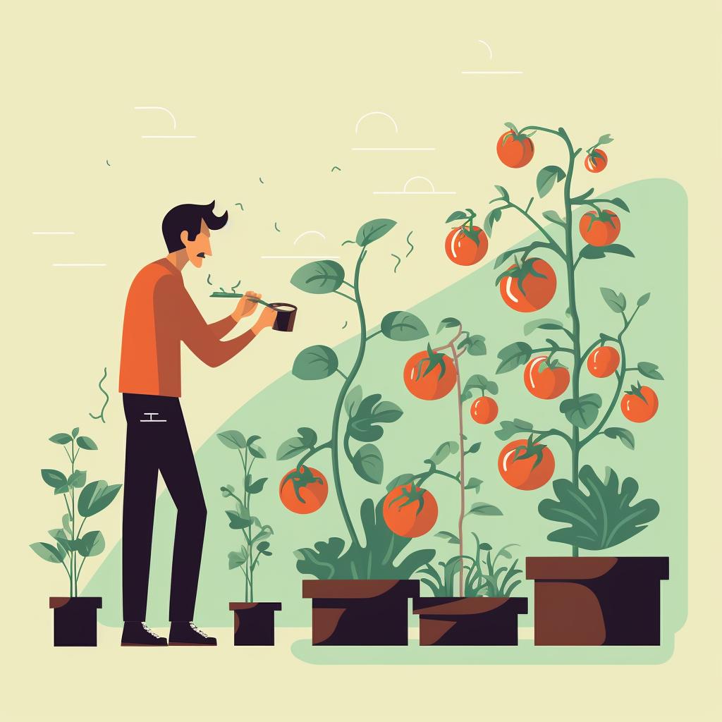 A person monitoring a tomato plant.