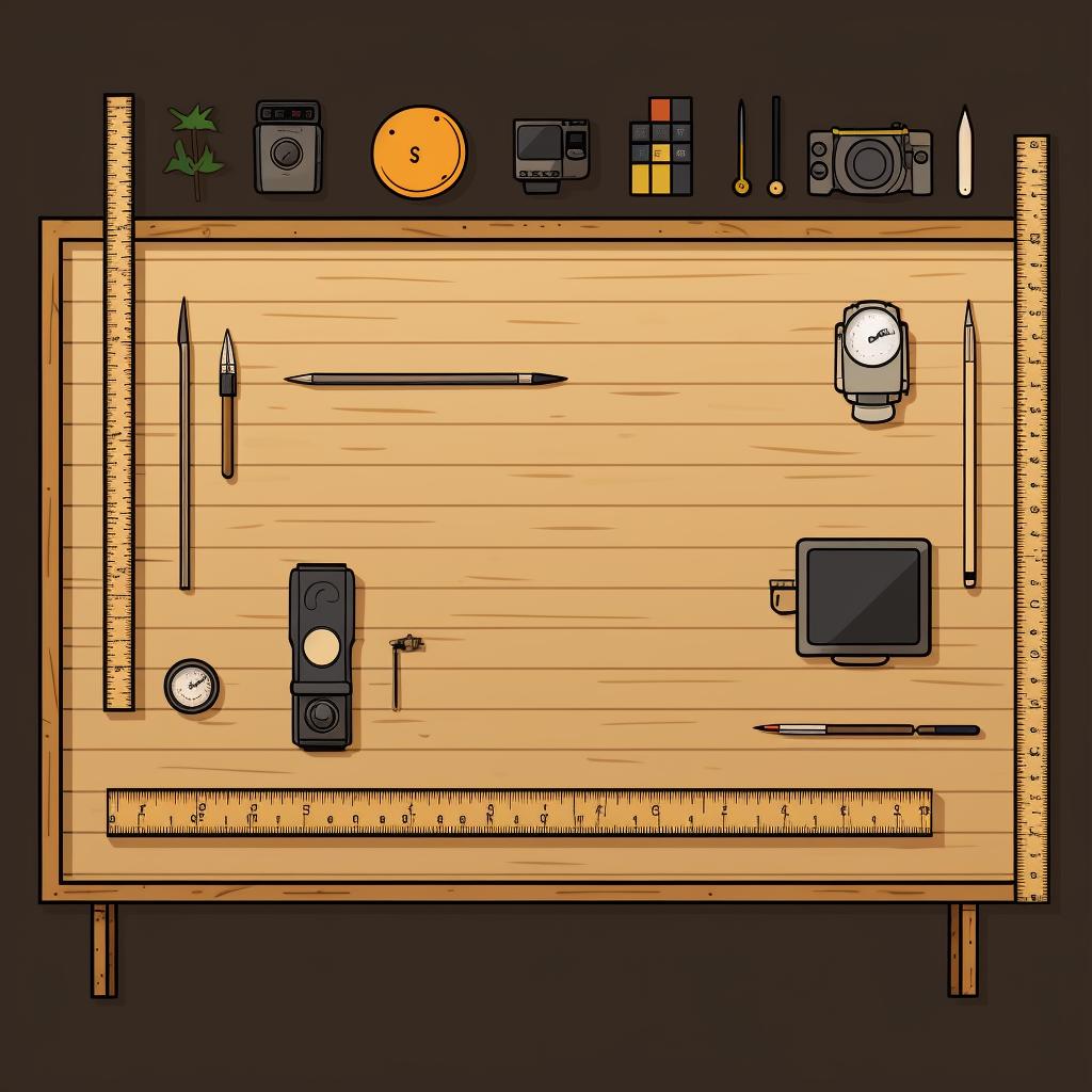 A table with a ruler, scale, camera, and notebook arranged neatly.